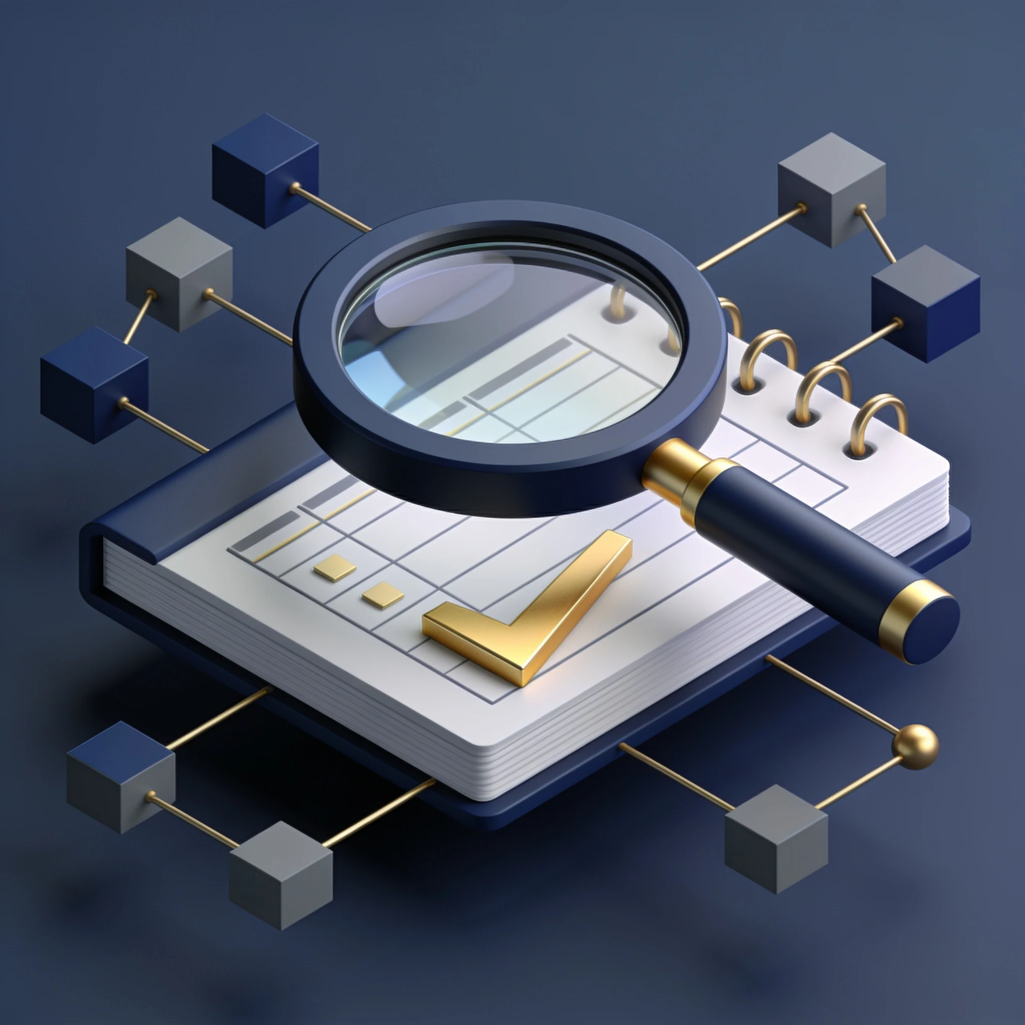 Isometric illustration of a compliance audit with a registry ledger