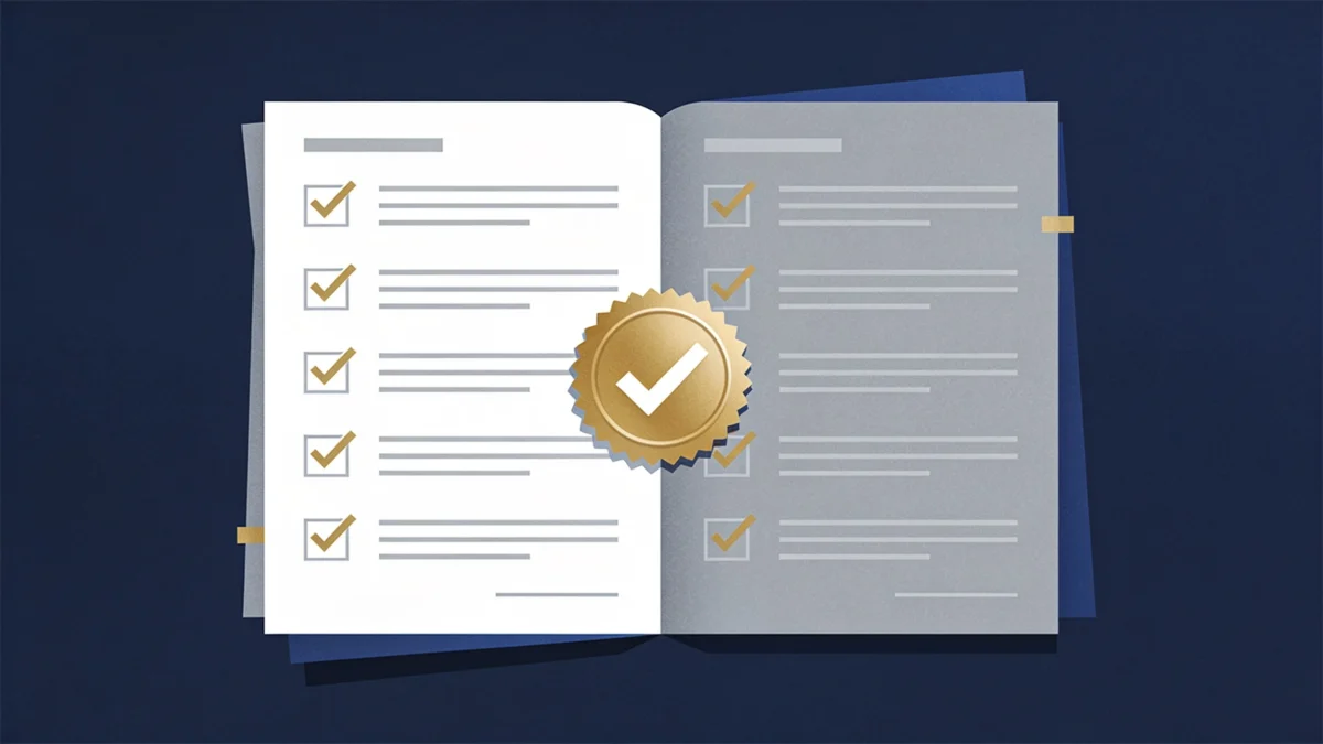 Illustrated document with a gold checkmark seal representing regulatory compliance