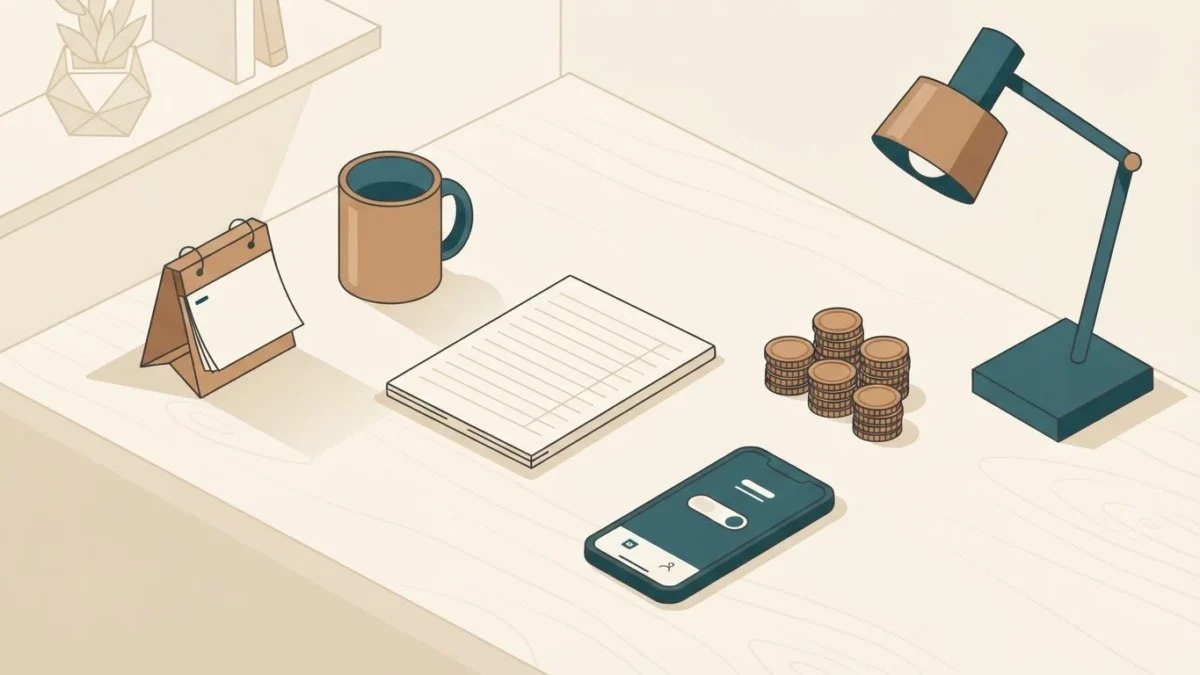 Isometric desk with a ledger, coin stacks and a phone showing a spending limit