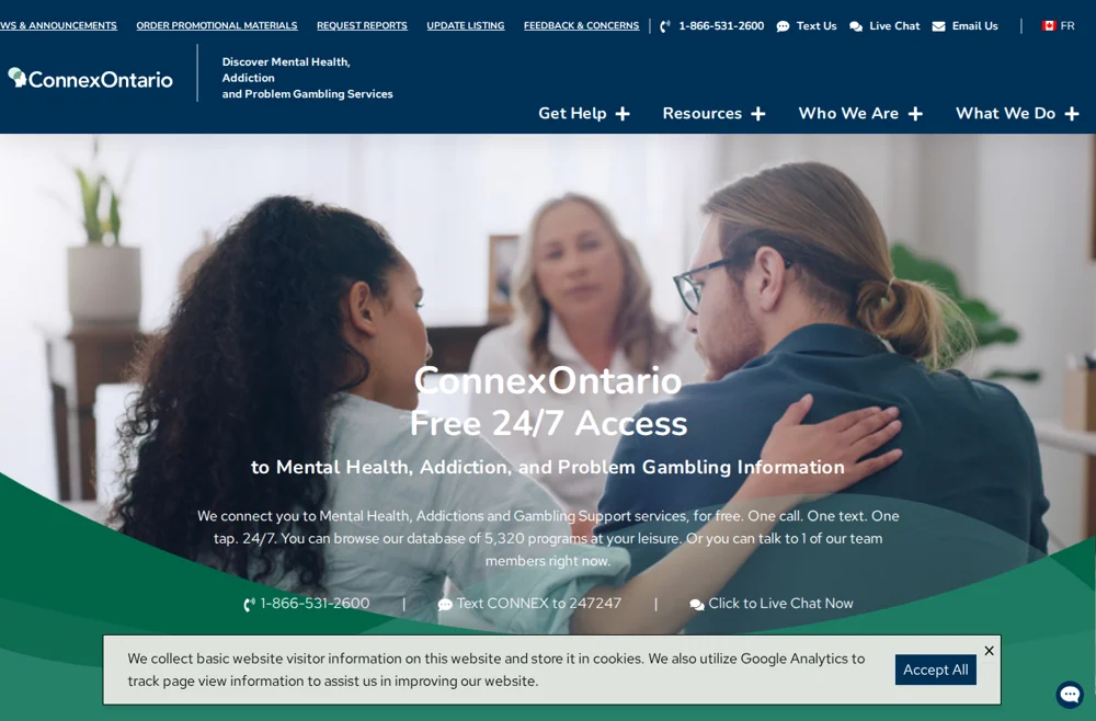 Homepage of ConnexOntario, Ontario's free 24/7 problem gambling support service