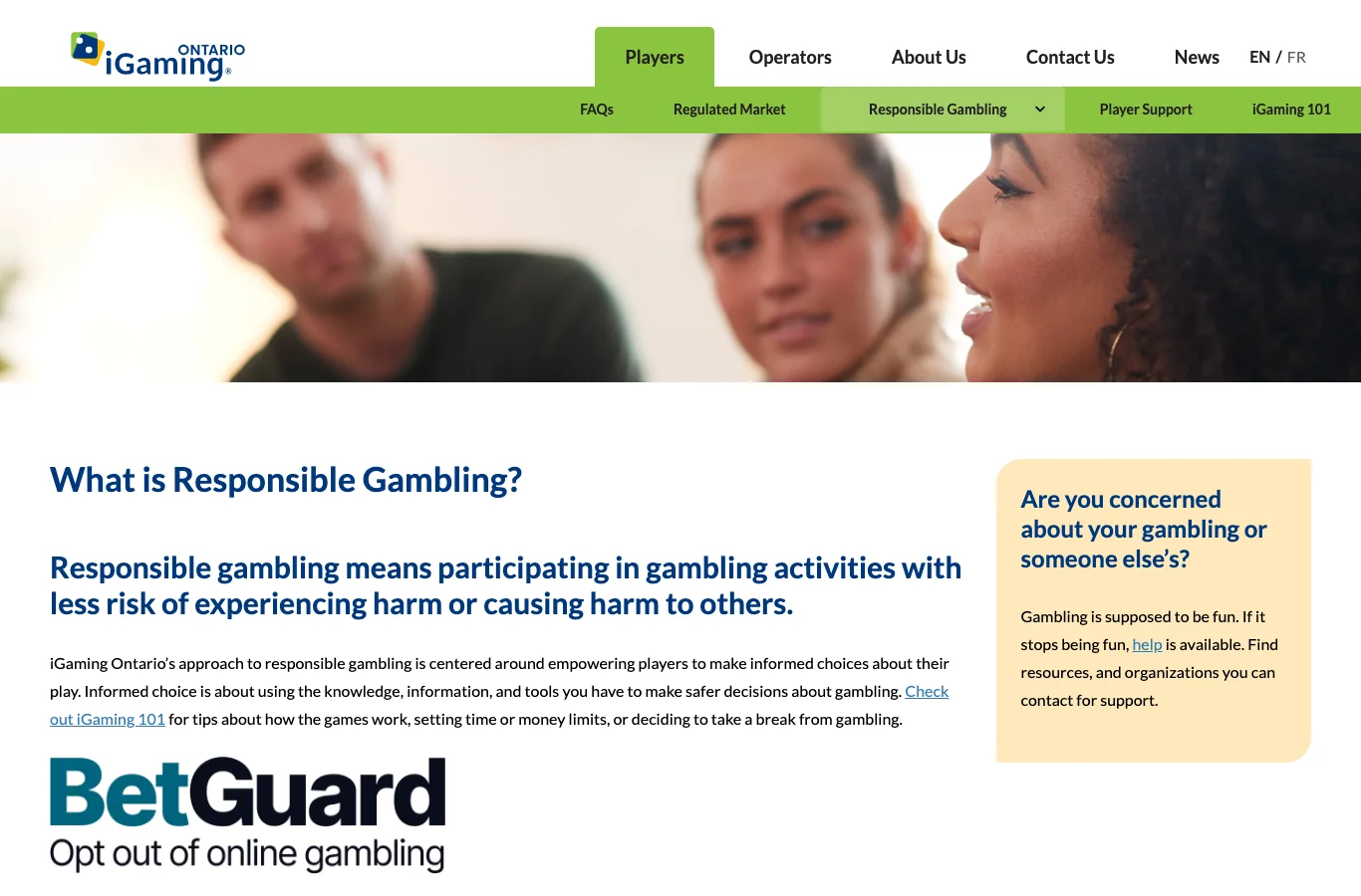 iGaming Ontario's responsible gambling page, home of the province's self-exclusion register