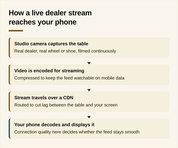isometric flow diagram of live dealer video stream path